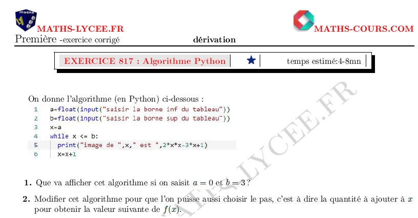 chapitre : ex et vidéo Algorithme Python et fonctions