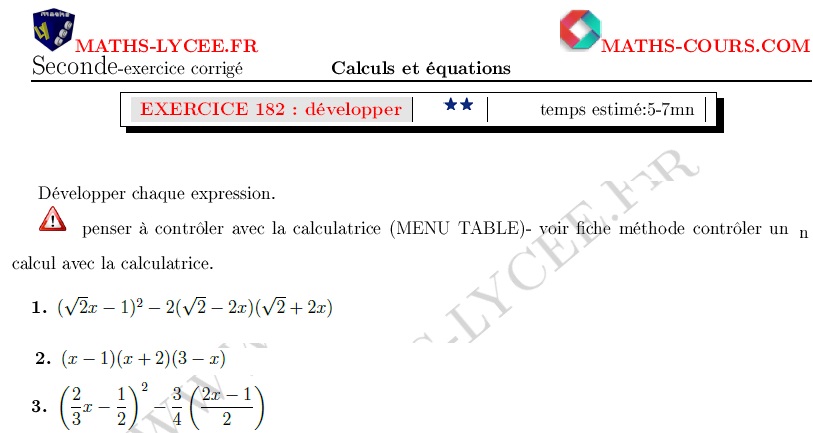 chapitre Calculs et équations: ex et vidéo Développer un expression (identités, fractions...)