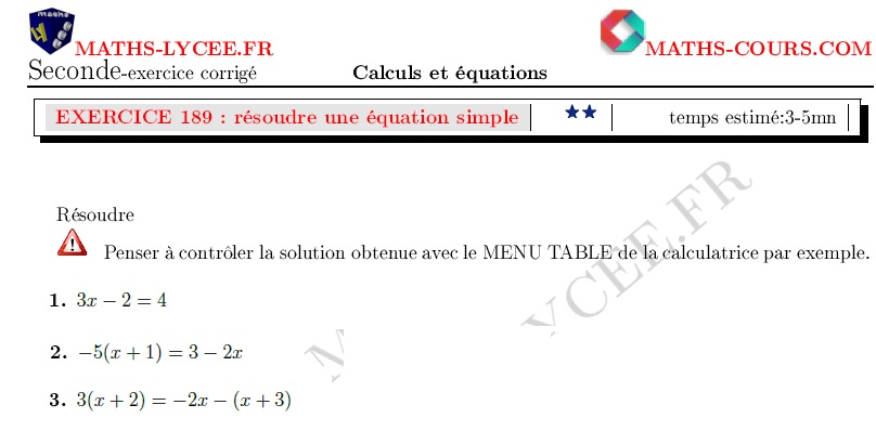 chapitre Calculs et équations: ex et vidéo Équations avec calculs préalables (développer)