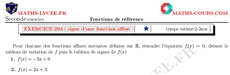 chapitre Fonctions de références et étude de fonctions: ex et vidéo Signe d'une fonction affine