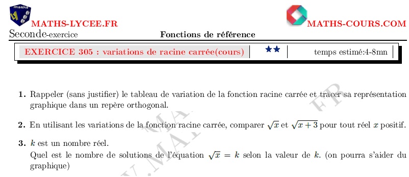 chapitre Fonctions de références et étude de fonctions: ex et vidéo Variations de racine carrée (cours) et applications