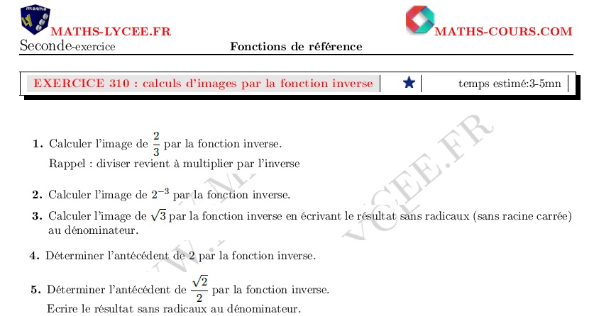 chapitre Fonctions de références et étude de fonctions: ex et vidéo Calculs d'images par la fonction inverse