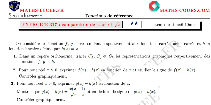 chapitre Fonctions de références et étude de fonctions: ex et vidéo Comparaison d'un nombre, de son carré et de sa racine carrée