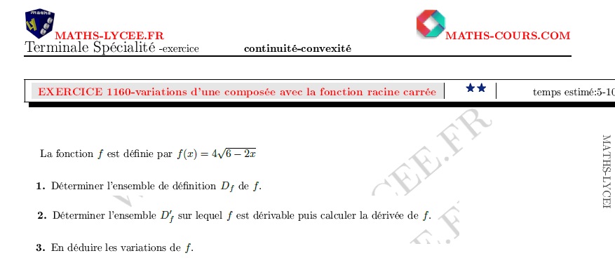 chapitre Dérivation-continuité-convexité: ex et vidéo Variation d'une composée avec racine carrée