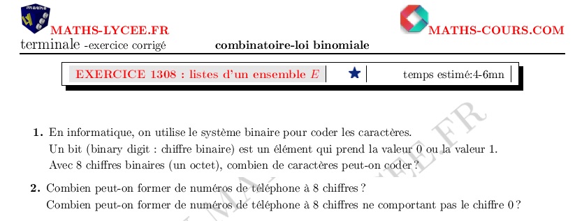 chapitre Combinatoire-loi binomiale: ex et vidéo nombre de p-listes d'une ensemble