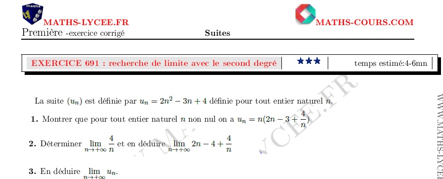 chapitre : ex et vidéo Calcul de la limite d'une suite définie par un polynôme de degré 2