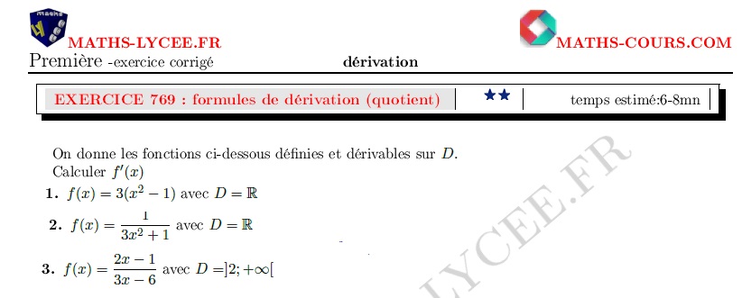 chapitre : ex et vidéo Calculs de dérivées (formules de dérivation)