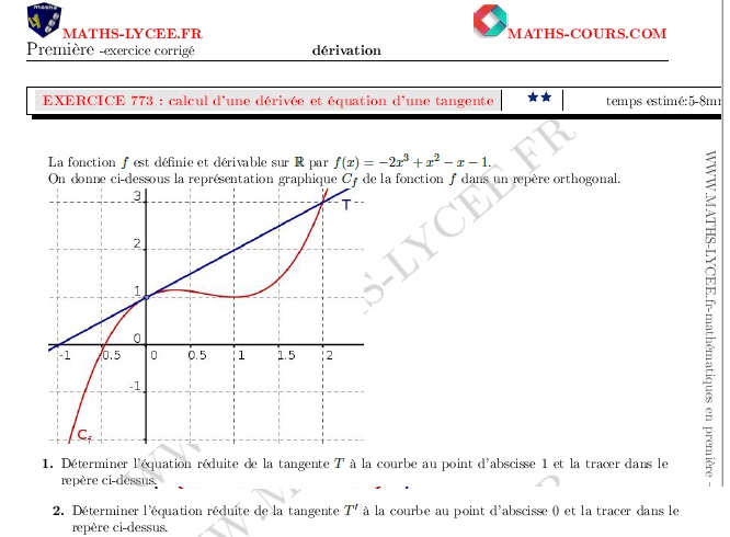 chapitre : ex et vidéo Calcul d'une dérivée et équation d'une tangente