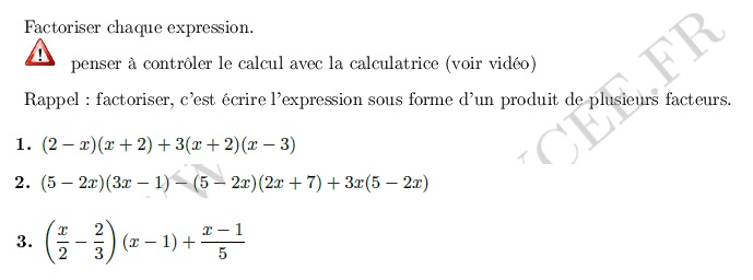 chapitre Calculs et équations: ex et vidéo Factoriser dans des cas simples