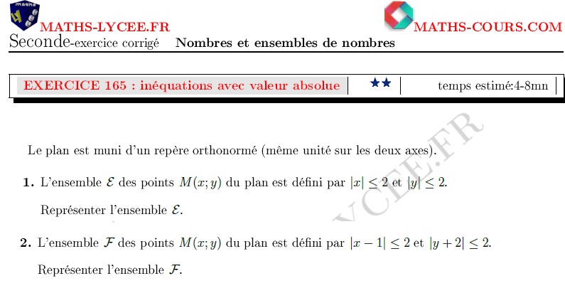 chapitre Ensembles de nombres et intervalles: ex et vidéo Sytème d'inéquations avec valeurs absolues