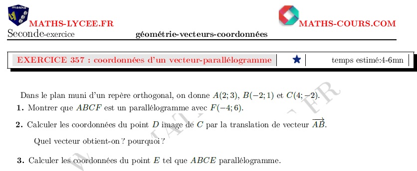 chapitre Géométrie, vecteurs et coordonnées: ex et vidéo Vecteurs égaux- parallélogramme