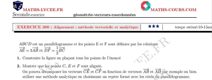 chapitre Géométrie, vecteurs et coordonnées: ex et vidéo Alignement de trois points (problème ouvert)