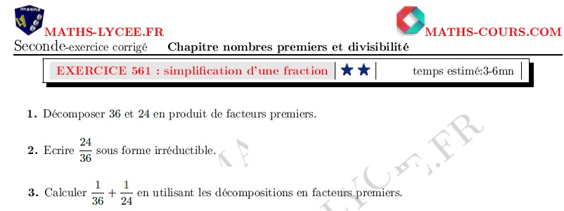 chapitre Nombres premiers et divisibilité: ex et vidéo Simplification de fractions