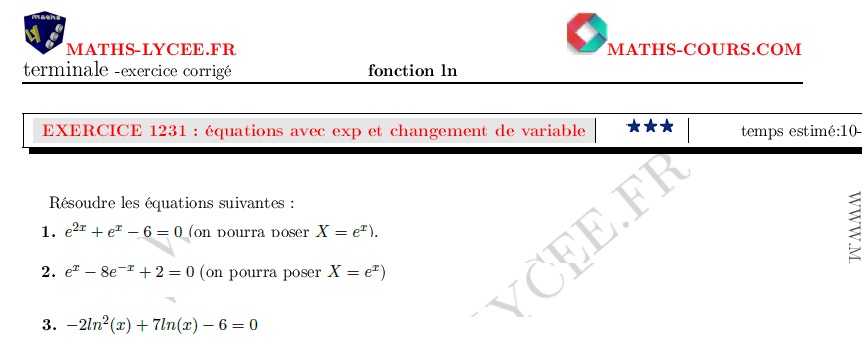 chapitre Fonction ln: ex et vidéo Inéquations avec exp et changement de variable
