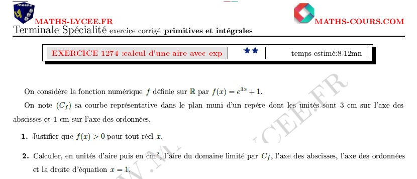 chapitre Primitives et intégrales: ex et vidéo Calcul d'une aire avec fonction exponentielle