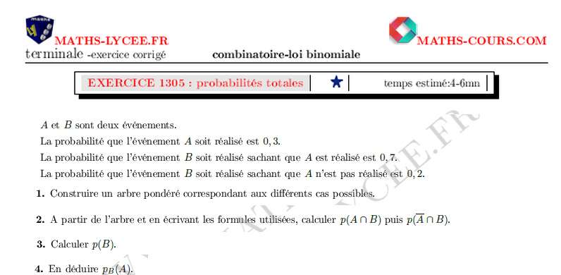 chapitre Combinatoire-loi binomiale: ex et vidéo Probabilités totales