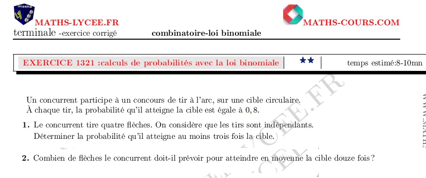 chapitre Combinatoire-loi binomiale: ex et vidéo Loi binomiale et espérance