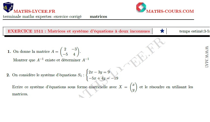 chapitre Maths expertes matrices: ex et vidéo Système à deux équations et matrices